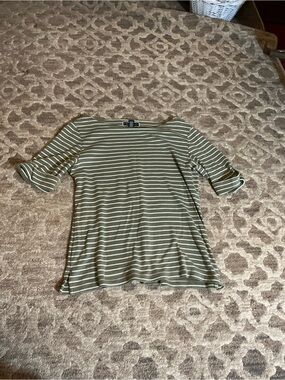 Karen Scott Olive Green and White Striped Boatneck Top